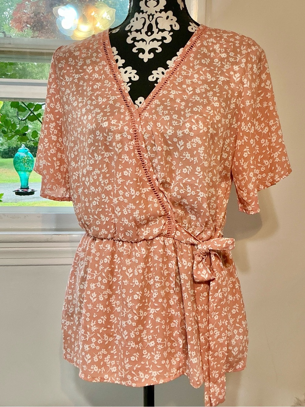 Sienna Sky Floral Faux Wrap Tie Waist Blouse in Dusty Coral Pink & White Large